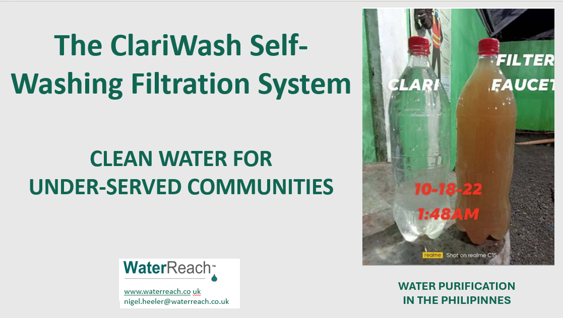 WaterReach Leaflet — Front: The ClariWash Self-Washing Filtration System, clean water for under-served communities