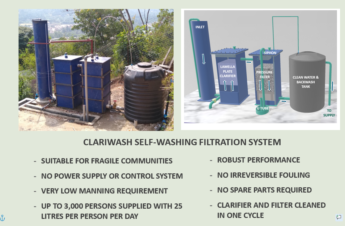 WaterReach Leaflet — Back: ClariWash Self-Washing Filtration System overview